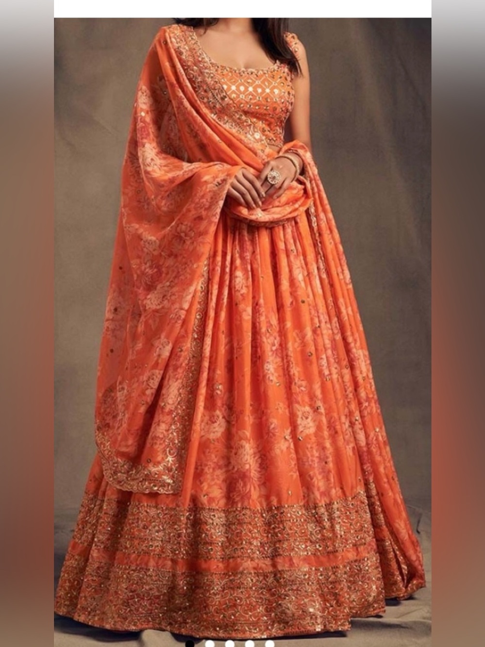 Ornate New with Tags Orange Floral Embroidered 3 piece Lehenga Skirt